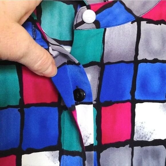 VTG 90s Colorful Colorblock Printed Button Down Satin Blouse Size 12 - Picture 7 of 15